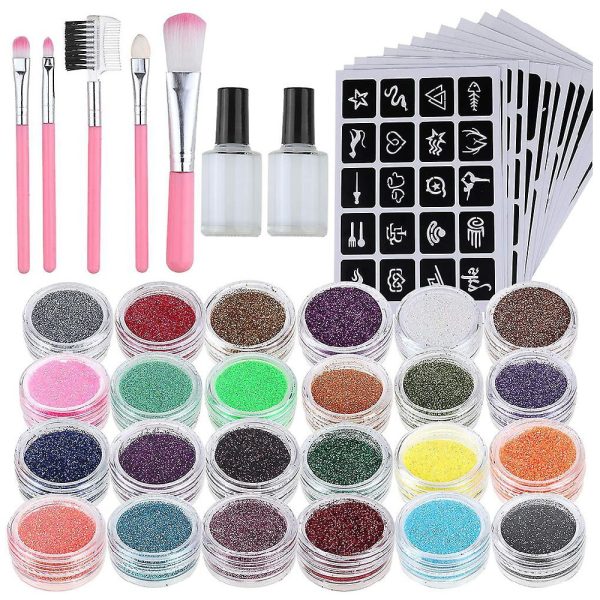 Glitter tattoos kit - 24 db színes csillámporral, rengeteg felragasztható sablonnal, ecsetekkel és ragasztókkal (BBJ)