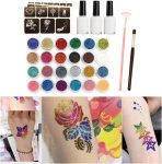 Glitter tattoos kit - 24 db színes csillámporral, rengeteg felragasztható sablonnal, ecsetekkel és ragasztókkal (BBJ)