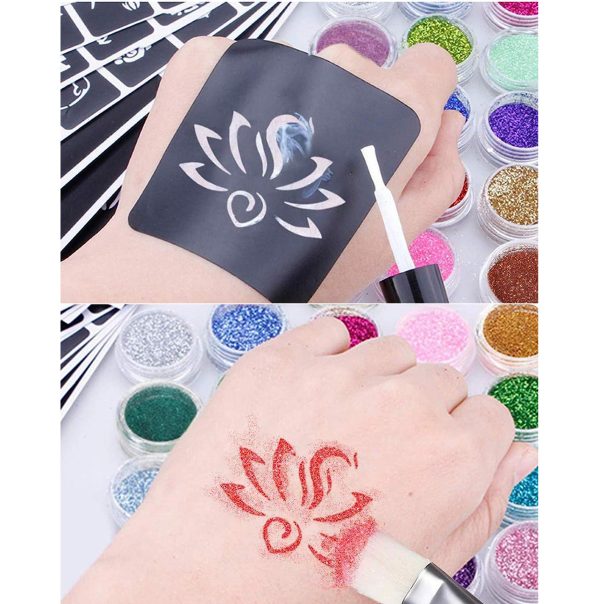 Glitter tattoos kit - 24 db színes csillámporral, rengeteg felragasztható sablonnal, ecsetekkel és ragasztókkal (BBJ)