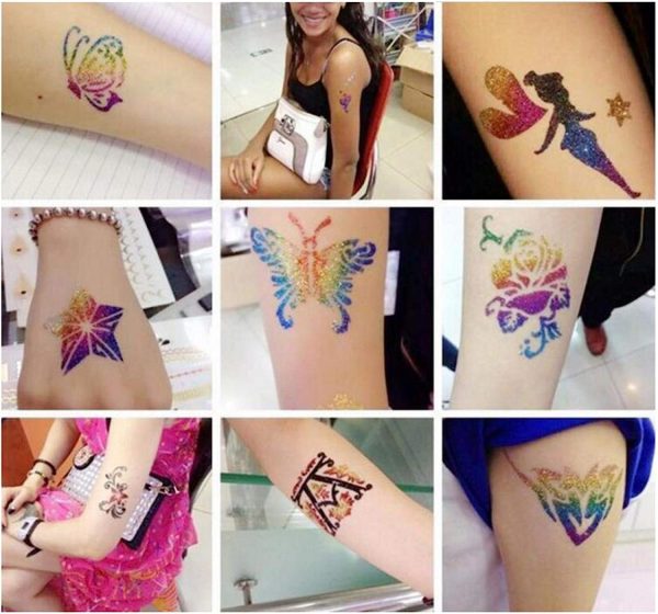 Glitter tattoos kit - 24 db színes csillámporral, rengeteg felragasztható sablonnal, ecsetekkel és ragasztókkal (BBJ)