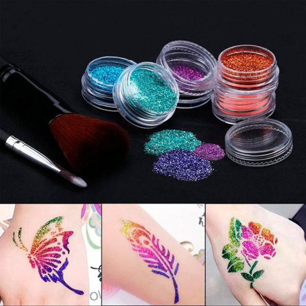 Glitter tattoos kit - 24 db színes csillámporral, rengeteg felragasztható sablonnal, ecsetekkel és ragasztókkal (BBJ)