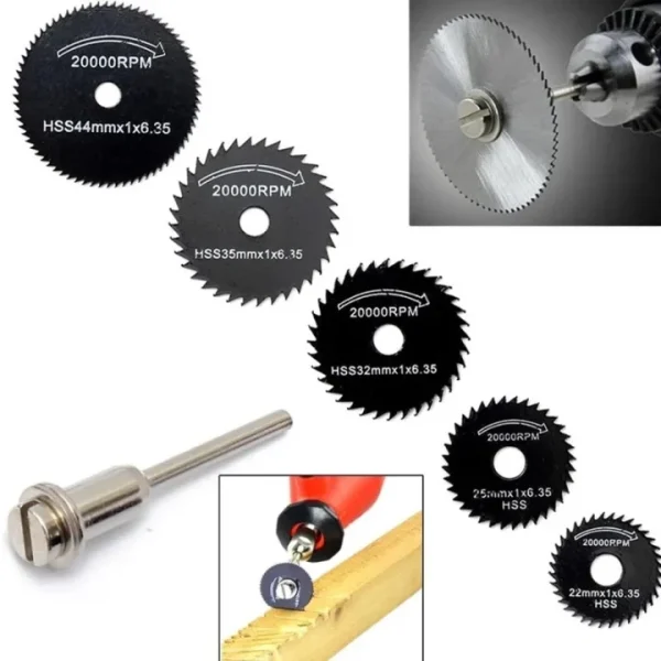 6 db-os, fúrógépre csatlakoztatható mini vágókorong készlet fémhez, fához, műanyaghoz - 22, 25, 32, 35 és 44 mm-es fűrésztárcsákkal (BBKM) (BBD)