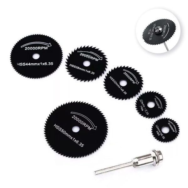 6 db-os, fúrógépre csatlakoztatható mini vágókorong készlet fémhez, fához, műanyaghoz - 22, 25, 32, 35 és 44 mm-es fűrésztárcsákkal (BBKM) (BBD)