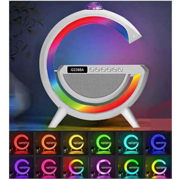 G2388A multifunkciós szórakoztató állomás - Bluetooth hangszóró, vezeték nélküli töltő, RGB LED party fény és éjszakai lámpa (BBV)