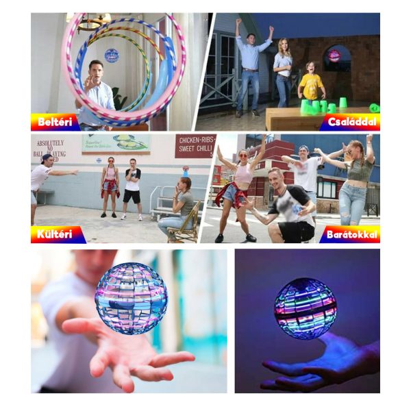 Gyro Ball trükkös LED-es akkumulátoros lebegő labda, USB - 360°-ban forog (BBJ)