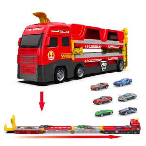 Autószállító játék kamion és kilövőállomás - beépített, 152cm-es, 2 sávos versenypályával és 6 db kisautóval (BBJ)