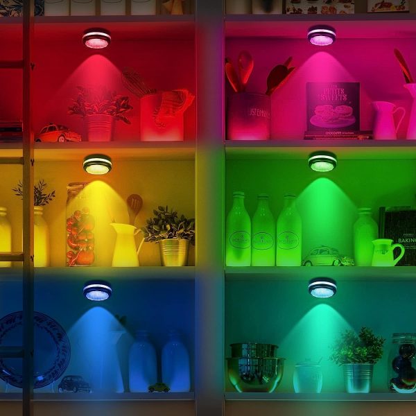 2 db-os mini RGB LED lámpa szett távirányítóval - kör alakú, színes hangulatvilágítás konyhába, hálószobába, nappaliba (BBV)