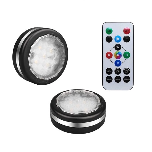 2 db-os mini RGB LED lámpa szett távirányítóval - kör alakú, színes hangulatvilágítás konyhába, hálószobába, nappaliba (BBV)