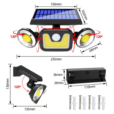 JY-1729 kültéri napelemes falilámpa 54 COB LED-del - vízálló, mozgásérzékelős szolár lámpa (BBV)