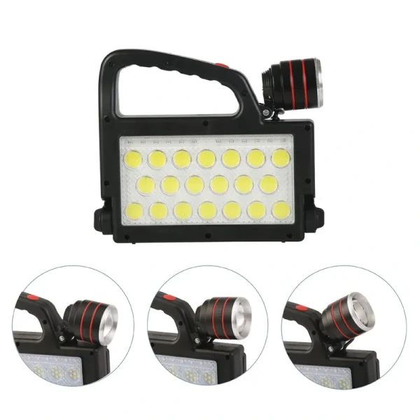 XG-152 szolár LED munkalámpa 6 féle üzemmóddal - napelemes és USB-ről is tölthető kemping lámpa 4 db 18650 típusú akkumulátorral (THM) (BBD)