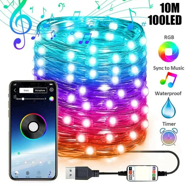Zenére, tapsra változó színű, IP67 vízálló, RGB LED fényfüzér - távirányítóval és okostelefonnal is vezérelhető - 10 m (BBJ)