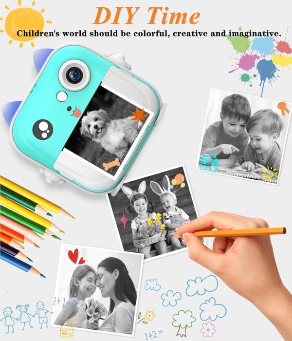 Nyomtatós gyermek fényképezőgép - játék kamera ajándék filctollakkal, cica mintával és beépített játékokkal (BBJ)