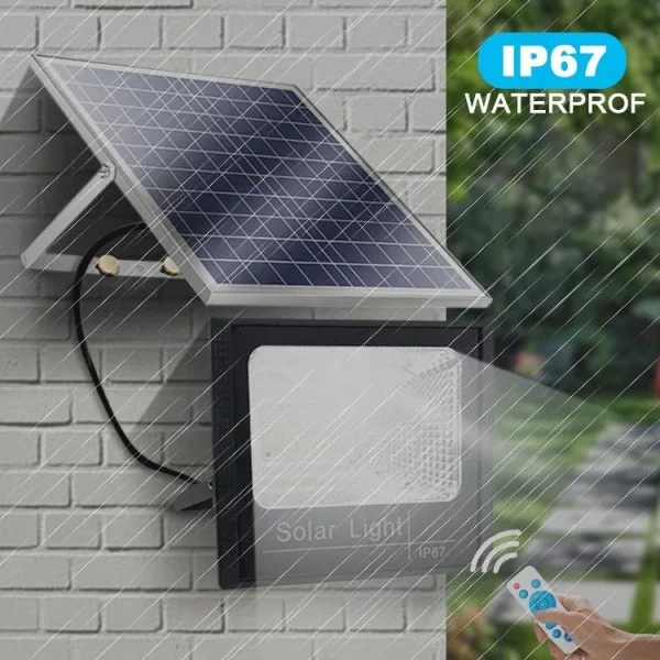 Garázsba, eresz alá, teraszra is felszerelhető napelemes lámpa - 100W kültéri LED reflektor különálló szolár panellel és állítható dőlésszöggel (BBV)