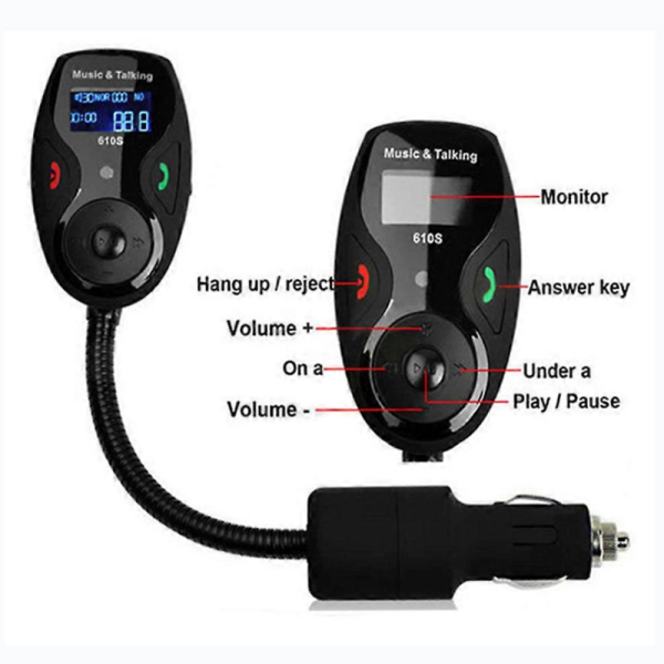 610S Bluetooth autós FM transzmitter MP3 lejátszóhoz, kihangosítóval és távirányítóval, flexibilis kivitel (BBV)