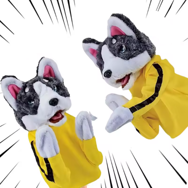 Interaktív kung fu husky plüss kesztyűbáb – hangot adó bokszoló kutya kézi báb gyerekjátéknak (BBJ)