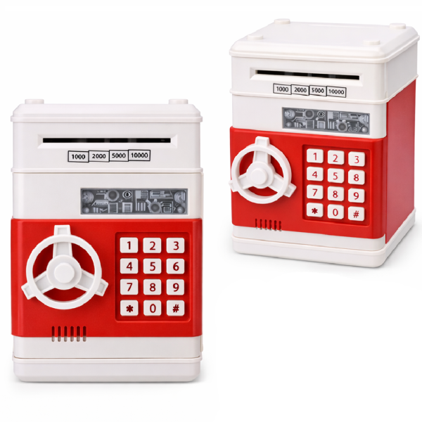 MiniBank Boss PIN kódos elemes játék széf – persely gyerekeknek, mini pénzszéf, piros (BBJ)