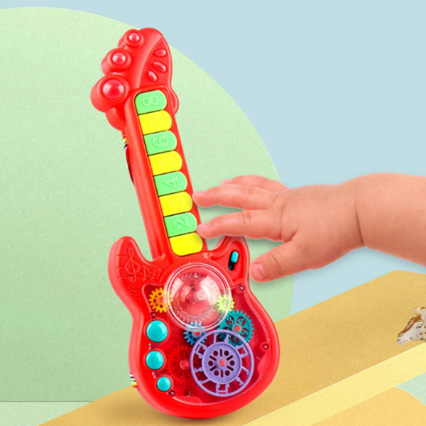RockManó piros zenélő gitár gyerekeknek – interaktív érzékszervi fejlesztő játék 29×11 cm (BBJ)