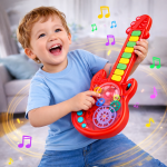 RockManó piros zenélő gitár gyerekeknek – interaktív érzékszervi fejlesztő játék 29×11 cm (BBJ)