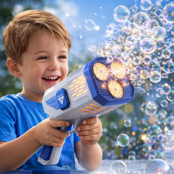 Bubble Gun 36 lyukú LED buborékfújó pisztoly – automata szappanbuborék gép gyerekeknek, kék – 2026 egyik legkeresettebb játéka (BBJ)