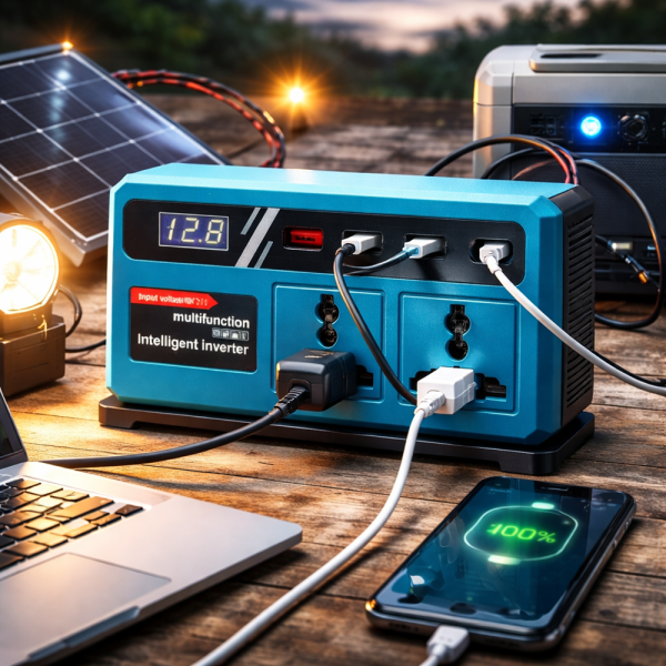 EnerVolt 120W akkumulátoros inverter 18–21V → 220V – 2 csatlakozóval, USB gyorstöltés, kijelző (BBD)