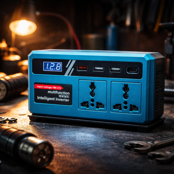 EnerVolt 120W akkumulátoros inverter 18–21V → 220V – 2 csatlakozóval, USB gyorstöltés, kijelző (BBD)