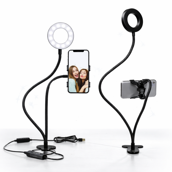 FlexiGlow Pro rugalmas kamera kar LED körlámpával – telefontartós selfie és livestream állvány TikTokhoz és videózáshoz (BBD)