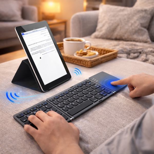 FoldKey összecsukható Bluetooth billentyűzet érintőpaddal – mini vezeték nélküli billentyűzet laptophoz, tablethez és mobilhoz (BBD)