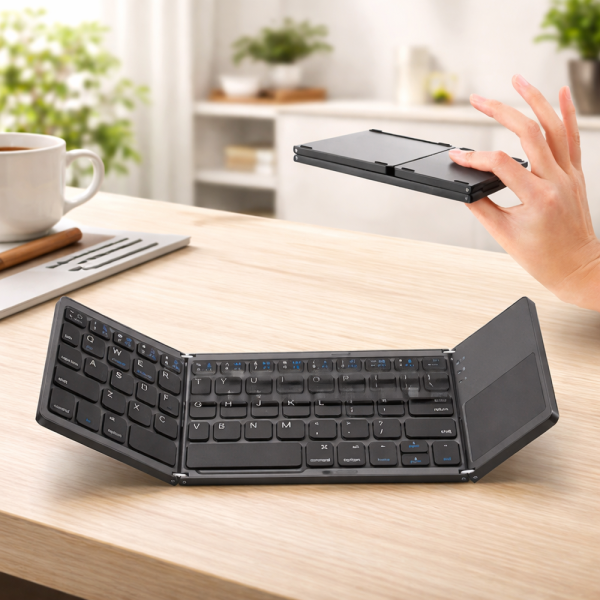 FoldKey összecsukható Bluetooth billentyűzet érintőpaddal – mini vezeték nélküli billentyűzet laptophoz, tablethez és mobilhoz (BBD)
