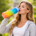 Háromrészes motivációs kulacs szett, kék-sárga-rózsaszín színkombinációban, 2L, 900 ml és 300 ml méretű palackokkal