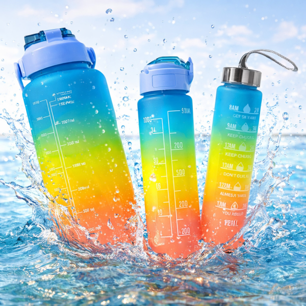 Háromrészes motivációs kulacs szett, kék-sárga-rózsaszín színkombinációban, 2L, 900 ml és 300 ml méretű palackokkal