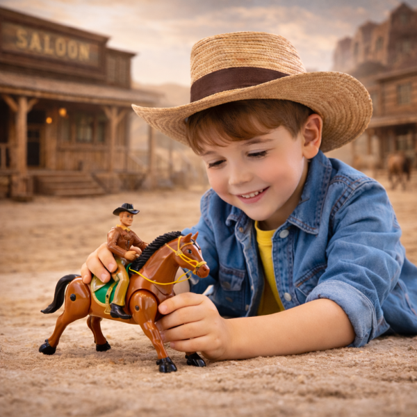 Kevin a Cowboy mozgó lovas akciófigura – hangot adó western cowboy játék lóval gyerekeknek 18×16×6 cm (BBJ)