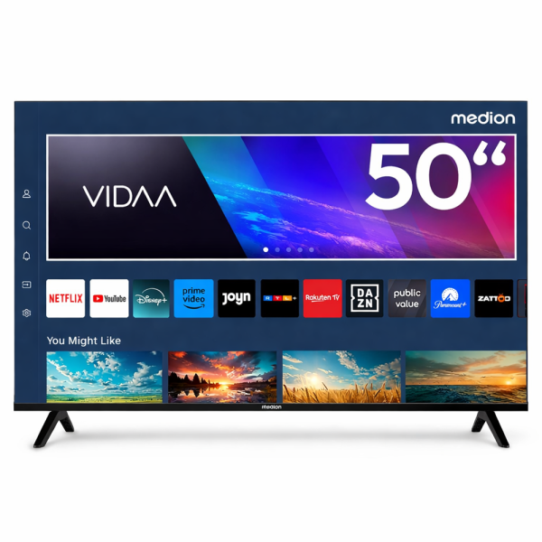 MEDION MD850200 50" 4K UHD Smart LED TV – HDR10 okos televízió VIDAA rendszerrel, WiFi, Netflix / Prime Video / Disney+ / DAZN