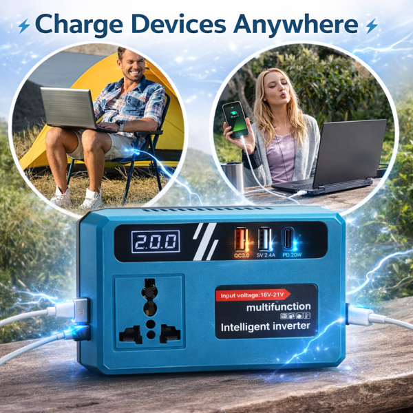 EnerVolt 120W Akkumulátoros Inverter 18–21V → 220V – 1 Csatlakozóval, USB Gyorstöltés, Kijelző (BBD)