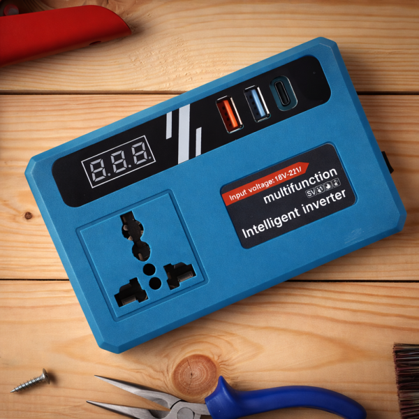 EnerVolt 120W Akkumulátoros Inverter 18–21V → 220V – 1 Csatlakozóval, USB Gyorstöltés, Kijelző (BBD)