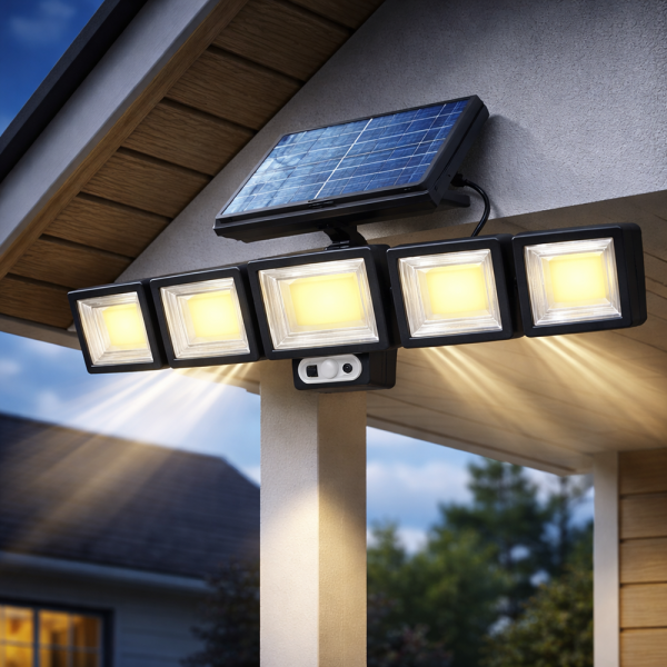 Nexolux napelemes LED fali lámpa – 5 fejes, 300 COB LED-es kültéri biztonsági lámpa mozgásérzékelővel (BBV)