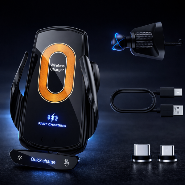 V57 autós vezeték nélküli telefontartó töltő – 15W gyors Qi töltés, infrás szenzoros tartó (BBD)