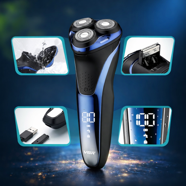 VGR V-306 háromfejes elektromos borotva – forgó körkéses férfi borotvagép USB töltéssel, vízálló akkus borotva 80 perc üzemidővel (BBD)