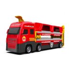 Autószállító játék kamion és kilövőállomás - beépített, 152cm-es, 2 sávos versenypályával és 6 db kisautóval (BBJ)