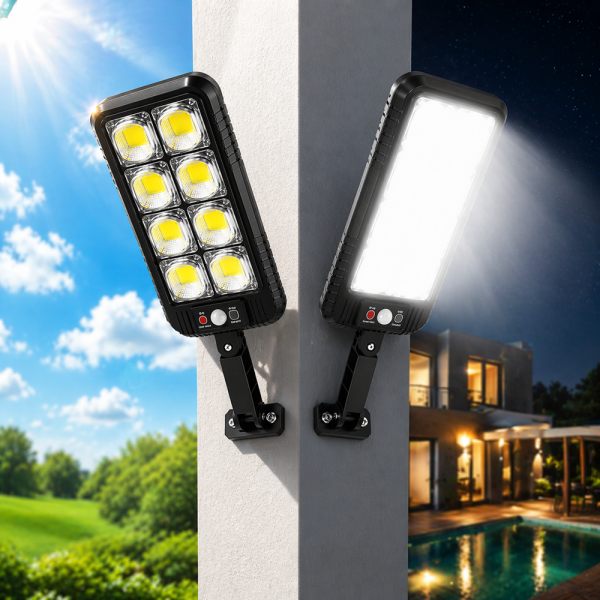 EcoLight JX-200 napelemes fali lámpa – COB LED, mozgásérzékelő, vízálló kültéri kivitel (BBD)