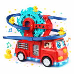 Interaktív tűzoltóautó játék spirálpályával – kacsa forgó csúszdával és látványos fényeffektusokkal gyerekeknek (BBJ)