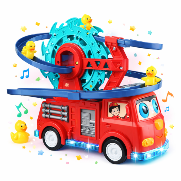 Interaktív tűzoltóautó játék spirálpályával – kacsa forgó csúszdával és látványos fényeffektusokkal gyerekeknek (BBJ)