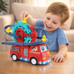 Interaktív tűzoltóautó játék spirálpályával – kacsa forgó csúszdával és látványos fényeffektusokkal gyerekeknek (BBJ)