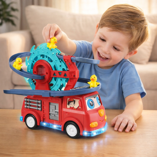 Interaktív tűzoltóautó játék spirálpályával – kacsa forgó csúszdával és látványos fényeffektusokkal gyerekeknek (BBJ)