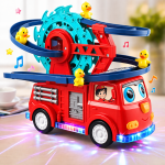 Interaktív tűzoltóautó játék spirálpályával – kacsa forgó csúszdával és látványos fényeffektusokkal gyerekeknek (BBJ)