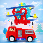 Interaktív tűzoltóautó játék spirálpályával – kacsa forgó csúszdával és látványos fényeffektusokkal gyerekeknek (BBJ)