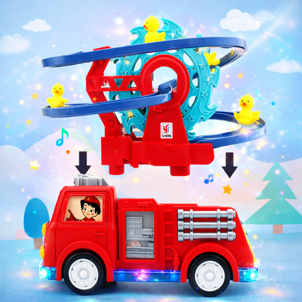 Interaktív tűzoltóautó játék spirálpályával – kacsa forgó csúszdával és látványos fényeffektusokkal gyerekeknek (BBJ)