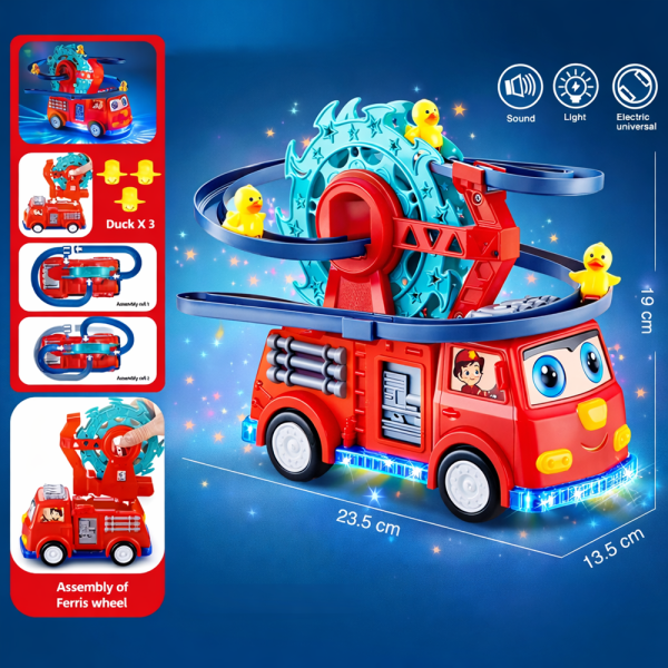 Interaktív tűzoltóautó játék spirálpályával – kacsa forgó csúszdával és látványos fényeffektusokkal gyerekeknek (BBJ)