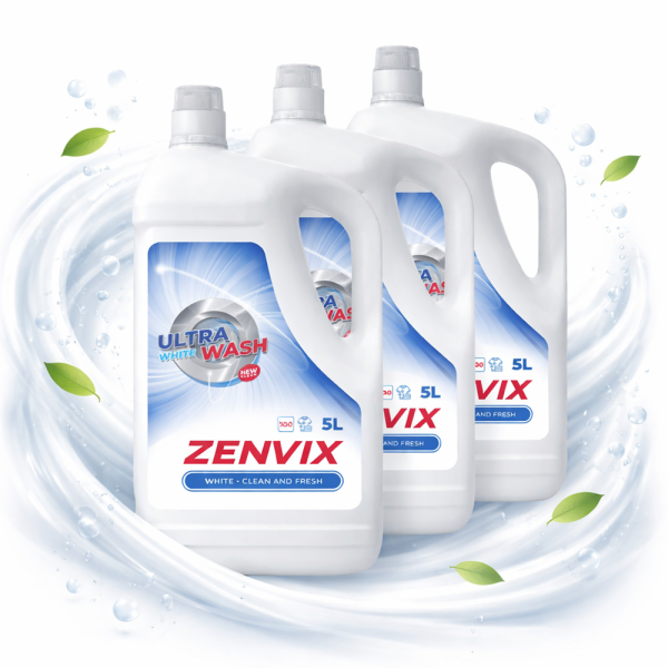 Zenvix folyékony mosószer fehér ruhákhoz 3×5L – nagy kiszerelésű, hosszan tartó frissesség