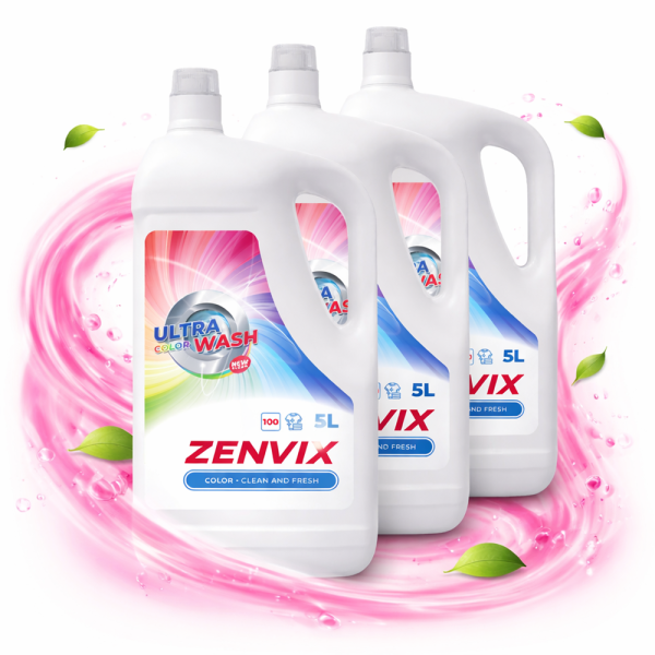 Zenvix folyékony mosószer színes ruhákhoz 3×5L – nagy kiszerelésű színes mosószer, hosszan tartó frissesség
