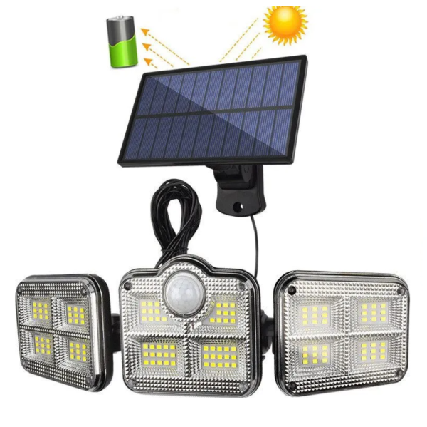 122 SMD LED-es 3 Fejes napelemes kültéri fali lámpa mozgásérzékelővel (BBJH)